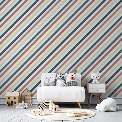 Kids-Mundo pinstripe wall mural in terracotta and navy brightening a children's playroom wall.