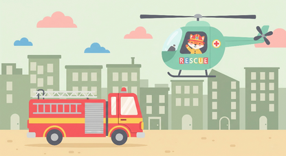 Kids-Mundo flat artwork of a red fire truck and a green rescue helicopter over a city street