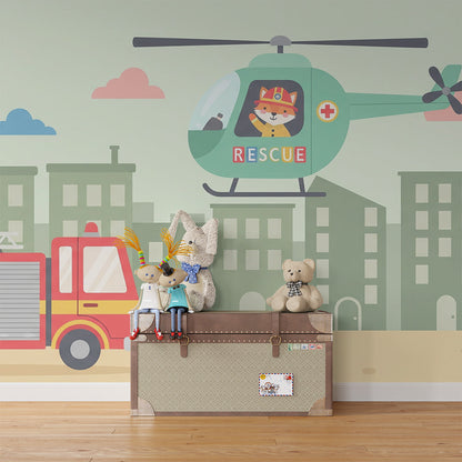Kids-Mundo fire truck and helicopter wall mural bringing rescue play to a children's playroom