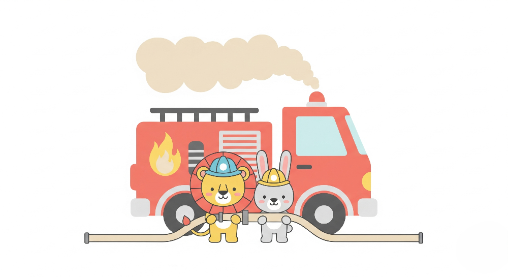 Kids-Mundo flat artwork of a fire truck with lion and rabbit firefighter characters