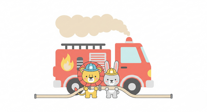 Kids-Mundo flat artwork of a fire truck with lion and rabbit firefighter characters
