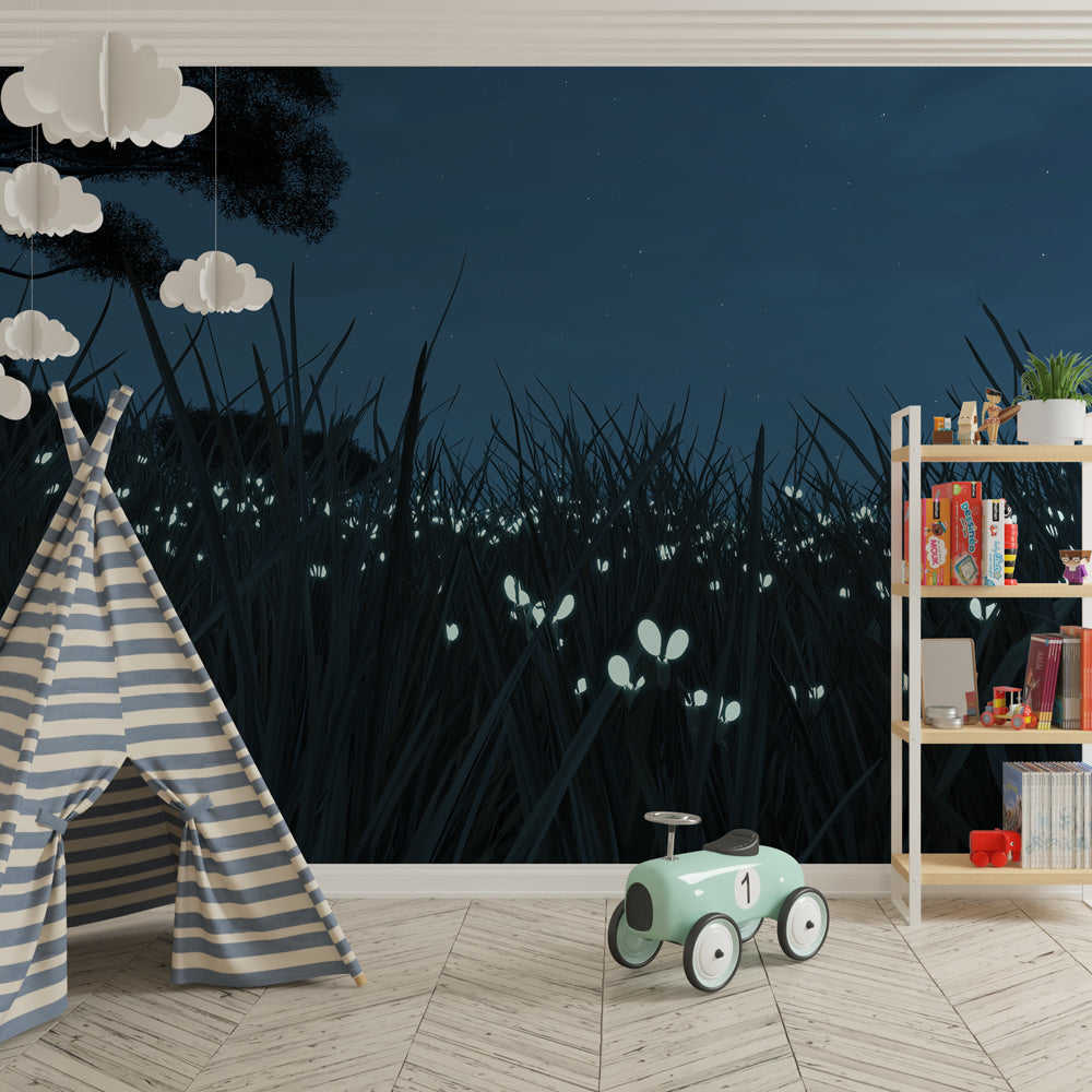 Nighttime prairie wallpaper with glowing fireflies decorating peaceful children's bedroom