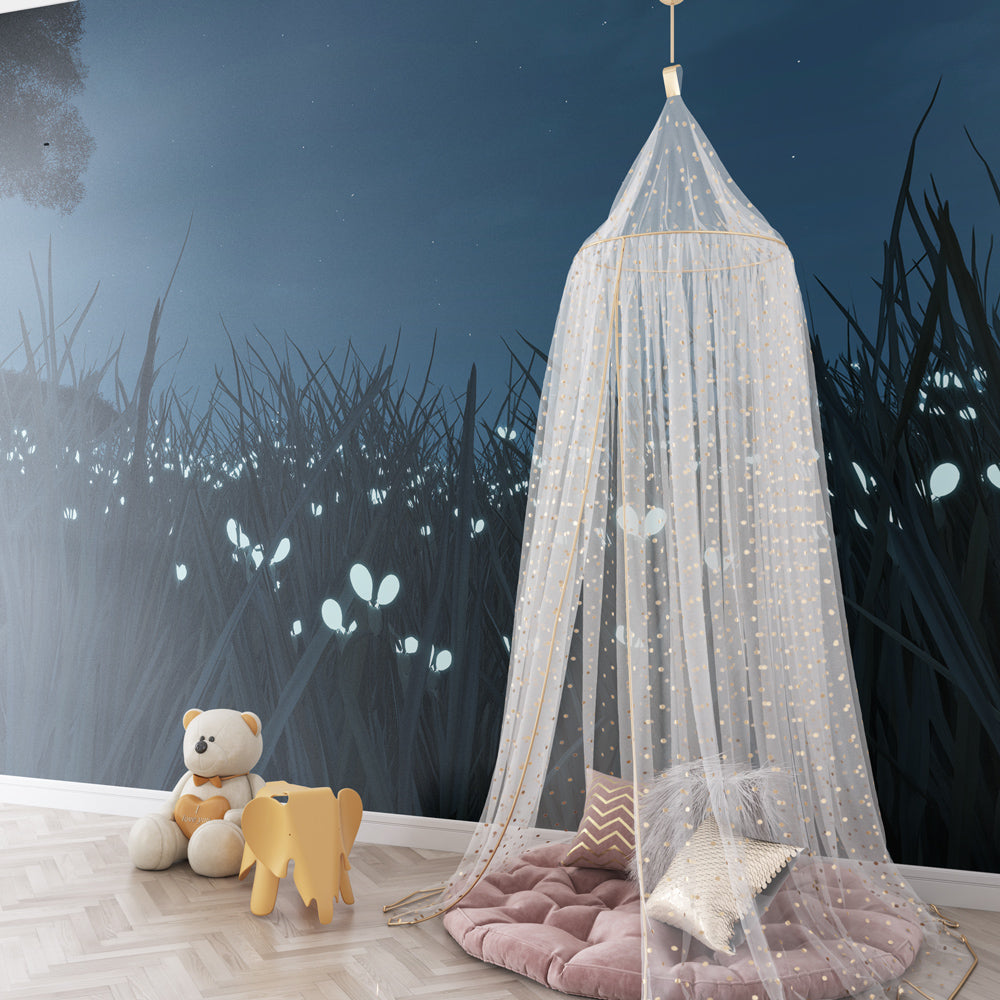 Enchanting firefly meadow wall mural creating dreamy bedtime environment in kids room