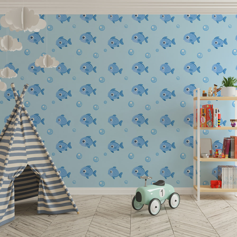 Blue fish and bubbles mural wallpaper transforming kids playroom into underwater world