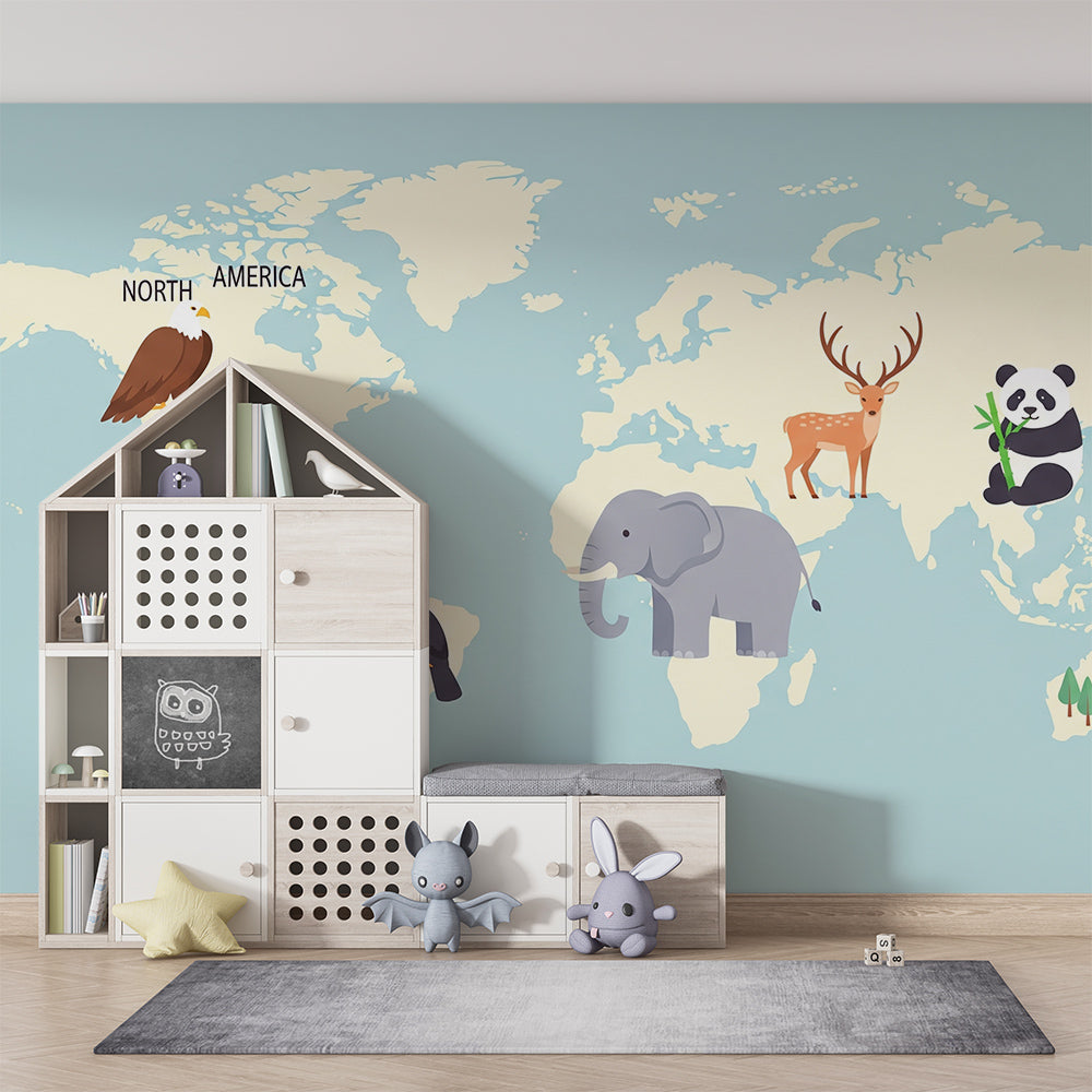 Kids-Mundo five-continents world map mural with fox and elephant in a kids bedroom