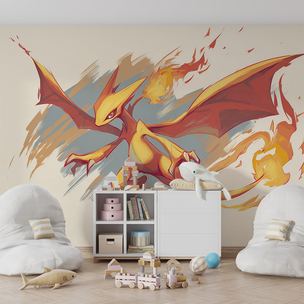 Kids-Mundo dragon in flight wall mural made to measure behind a bed in a kids bedroom