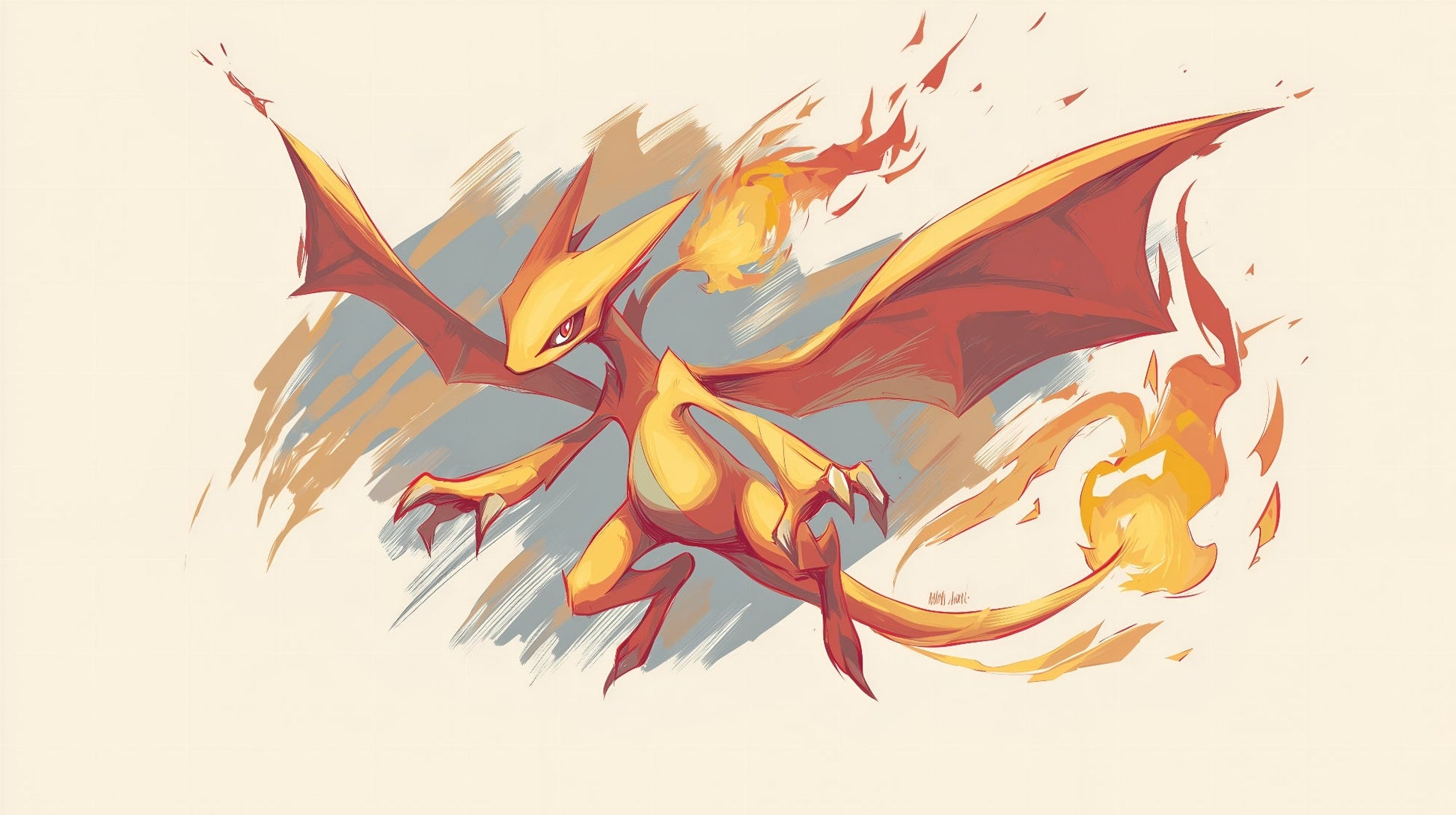 Kids-Mundo flat artwork of a red and orange dragon in flight trailing flame against a cream background
