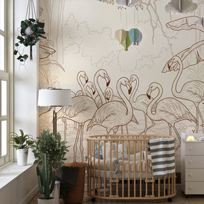 Tropical flamingo wallpaper creating serene atmosphere in children's bedroom with natural tones