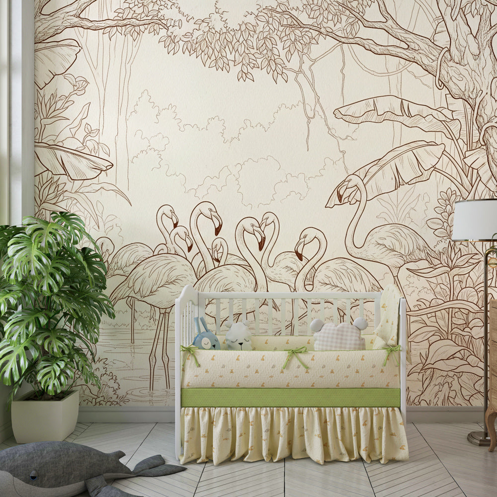 Pink flamingo mural wallpaper transforming kids playroom into tropical jungle paradise