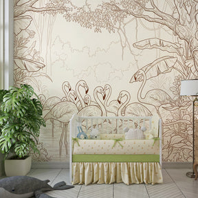 Pink flamingo mural wallpaper transforming kids playroom into tropical jungle paradise