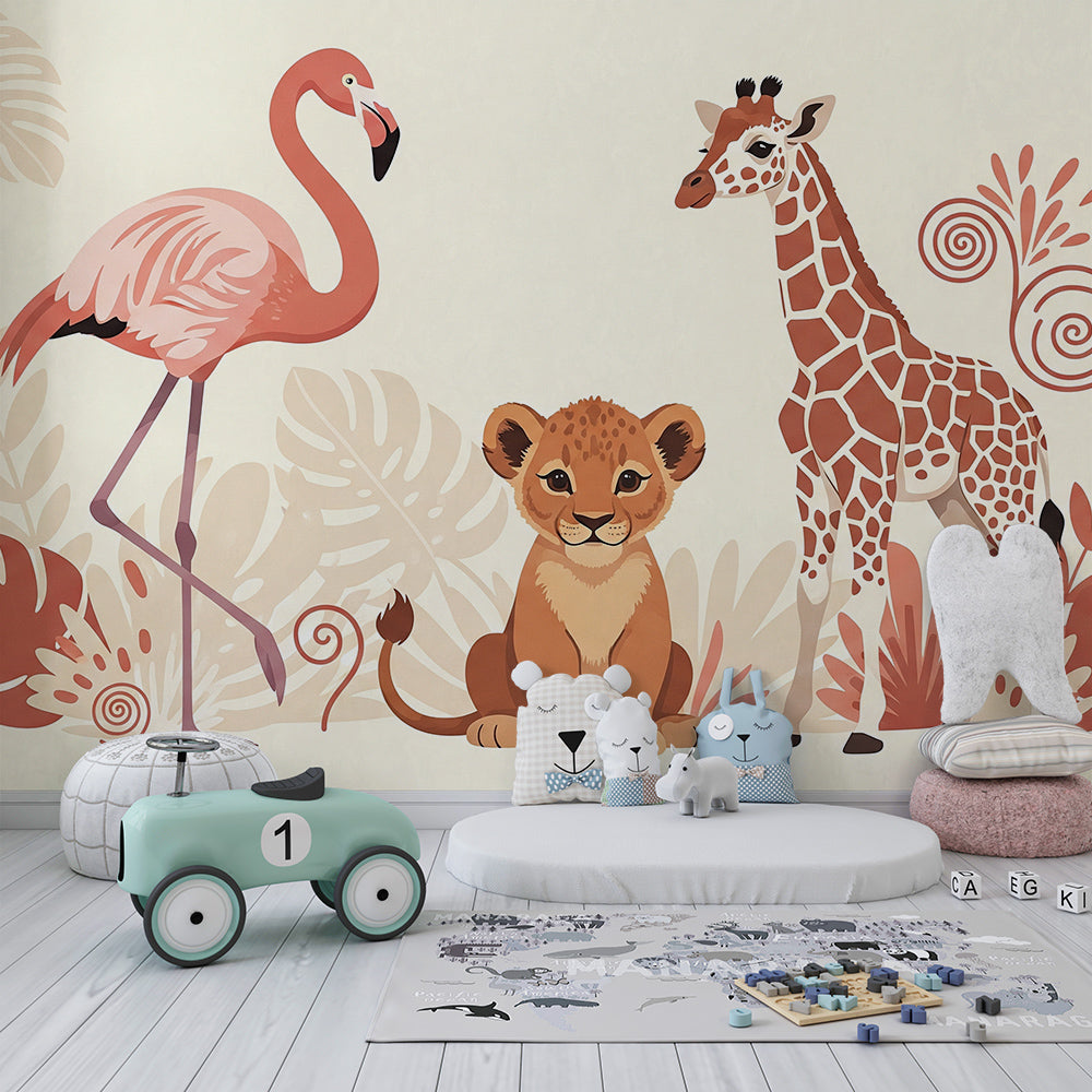 Kids-Mundo safari animal wall mural featuring a giraffe and lion cub in a bedroom