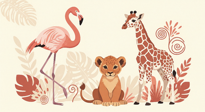 Kids-Mundo flat artwork of a flamingo, lion cub and giraffe in terracotta tones