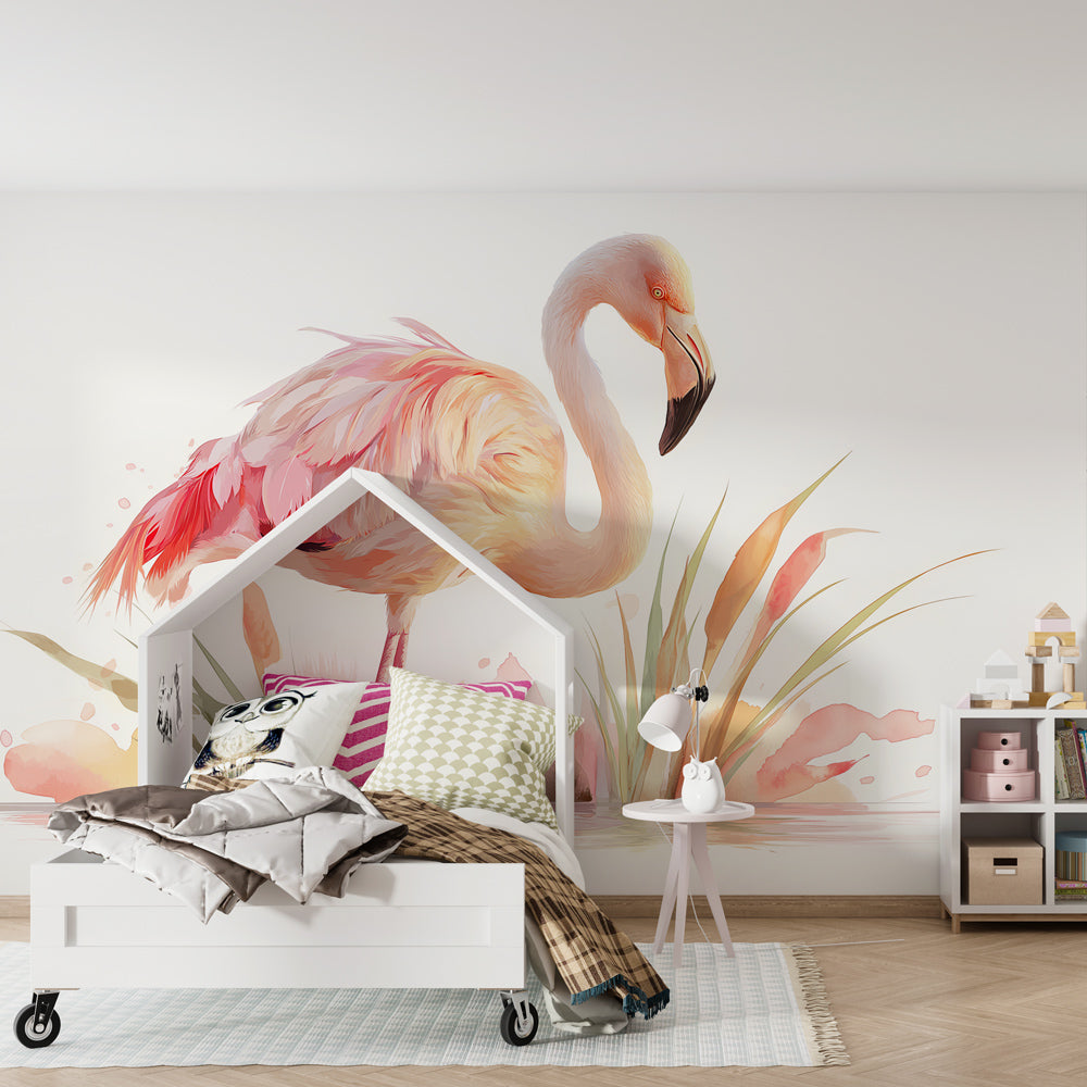 Watercolor flamingo wallpaper with tropical nature theme for children's bedroom interior design