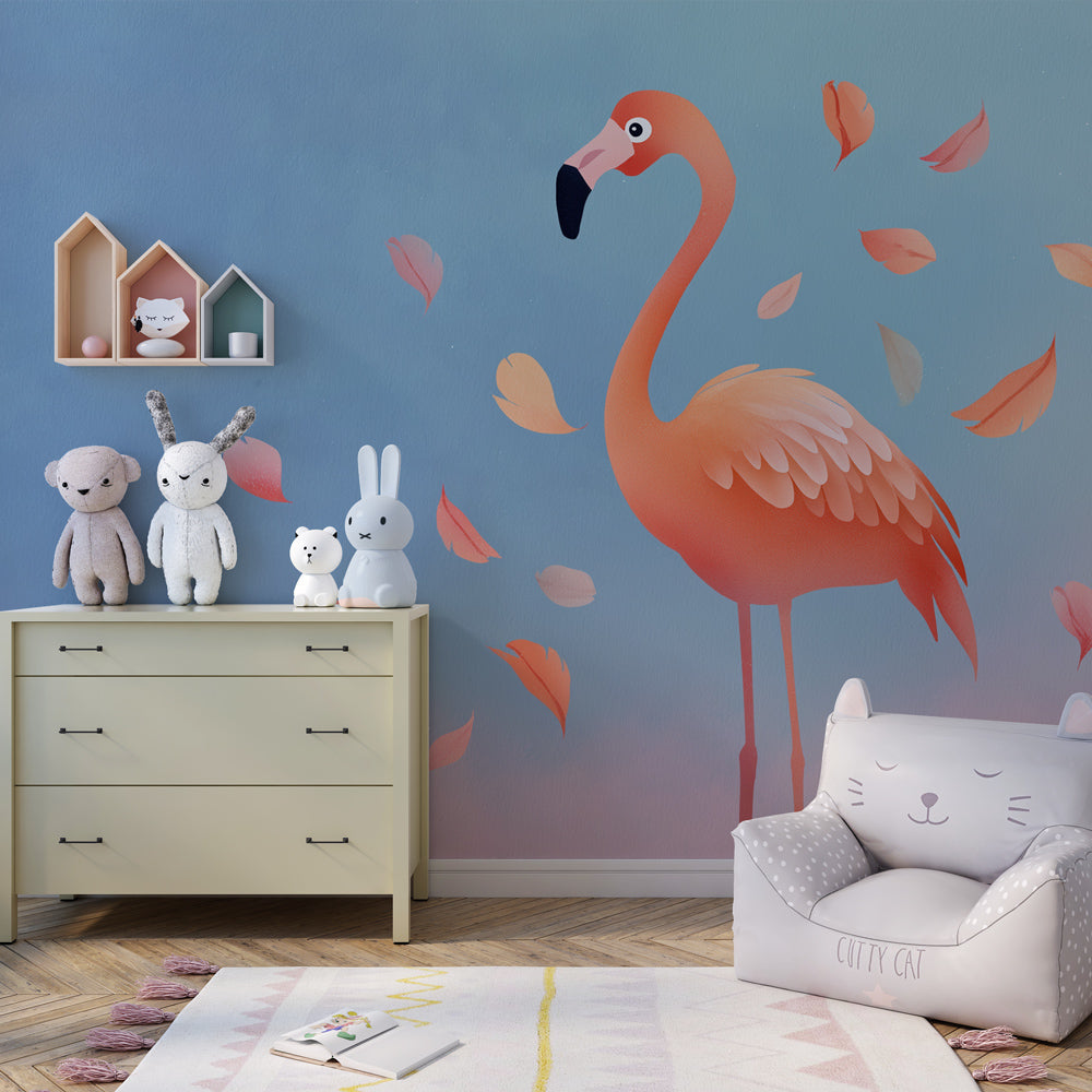 Beautiful flamingo mural wallpaper on blue sky background for modern kids room by Kids-Mundo