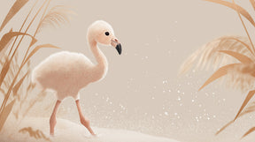 Detailed pink flamingo mural wallpaper design pattern with waterside foliage by Kids-Mundo