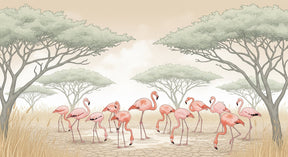 Detailed flamingo mural wallpaper design pattern showing pink birds in savanna landscape by Kids-Mundo