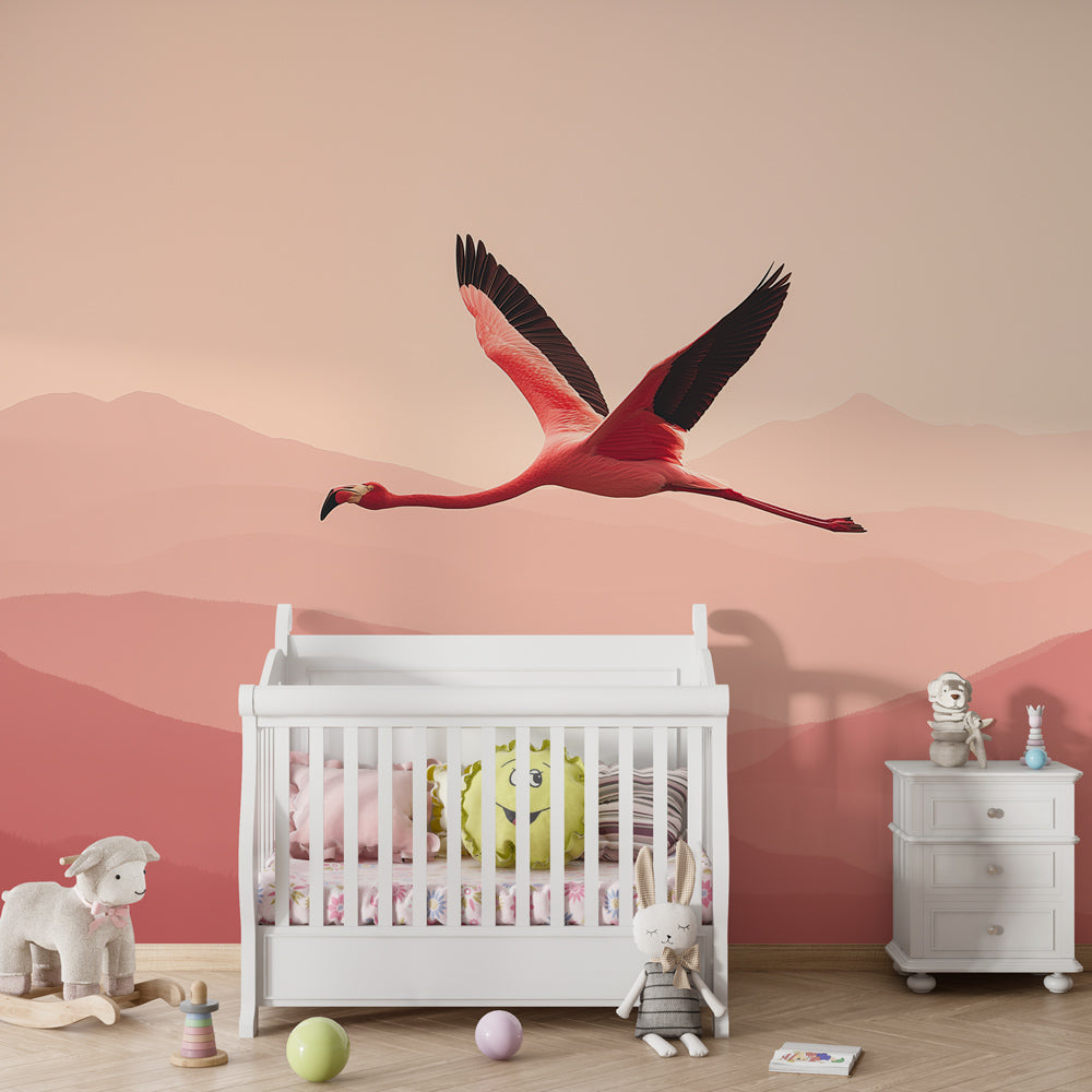 Flamingo mural wallpaper creating serene atmosphere in modern children's bedroom decor
