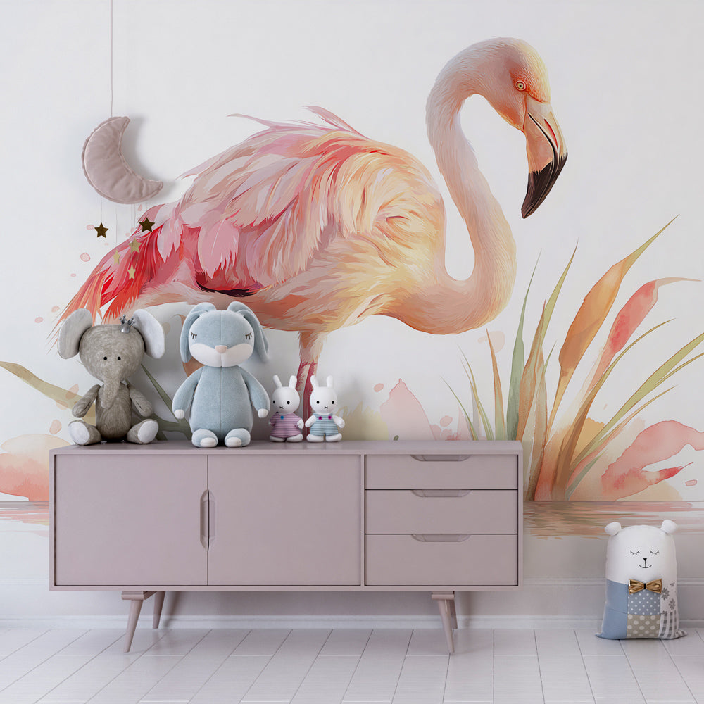 Elegant pink flamingo mural wallpaper transforming kids room with peaceful aquatic atmosphere