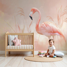 Pink flamingo mural wallpaper creating serene nursery decor with pastel bird design by Kids-Mundo