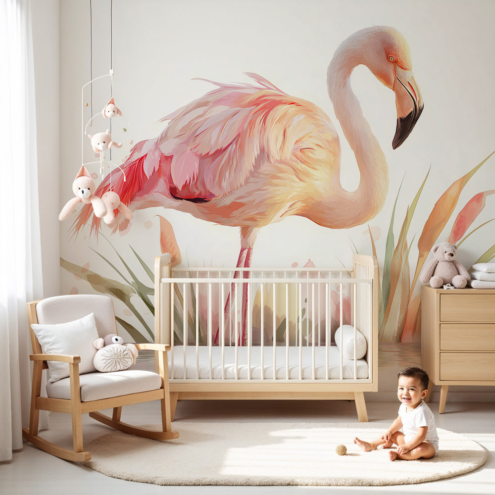 Pink flamingo mural wallpaper creating serene aquatic decor in modern kids nursery by Kids-Mundo