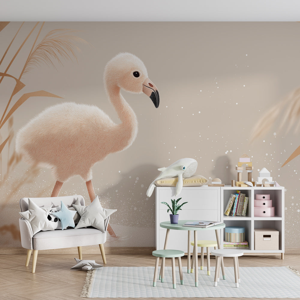Soft pink flamingo mural wallpaper in modern kids room with natural lighting by Kids-Mundo