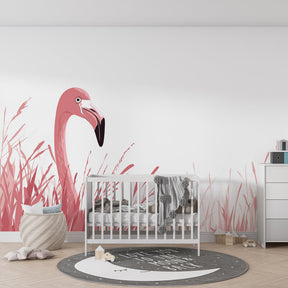 Nature-themed flamingo wallpaper transforming bright kids playroom space