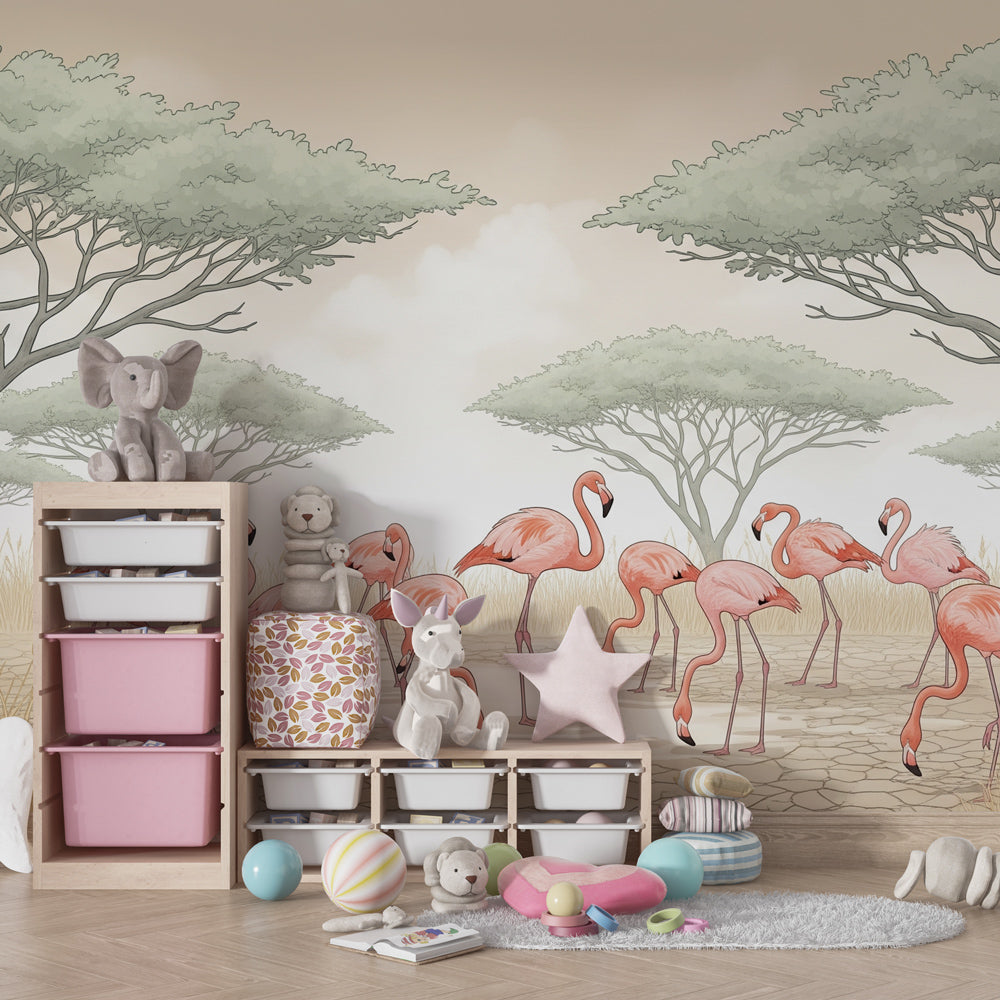 Nature-themed flamingo wallpaper transforming kids playroom with elegant bird design