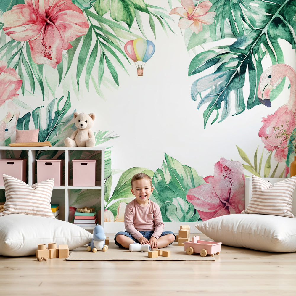 Tropical flamingo mural wallpaper with hot air balloon in modern nursery by Kids-Mundo