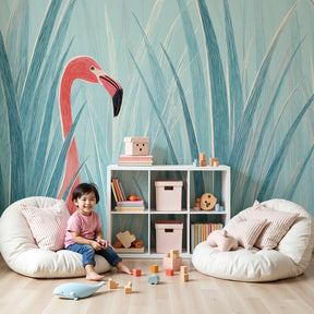 Pink flamingo mural wallpaper creating serene tropical atmosphere in modern kids nursery by Kids-Mundo