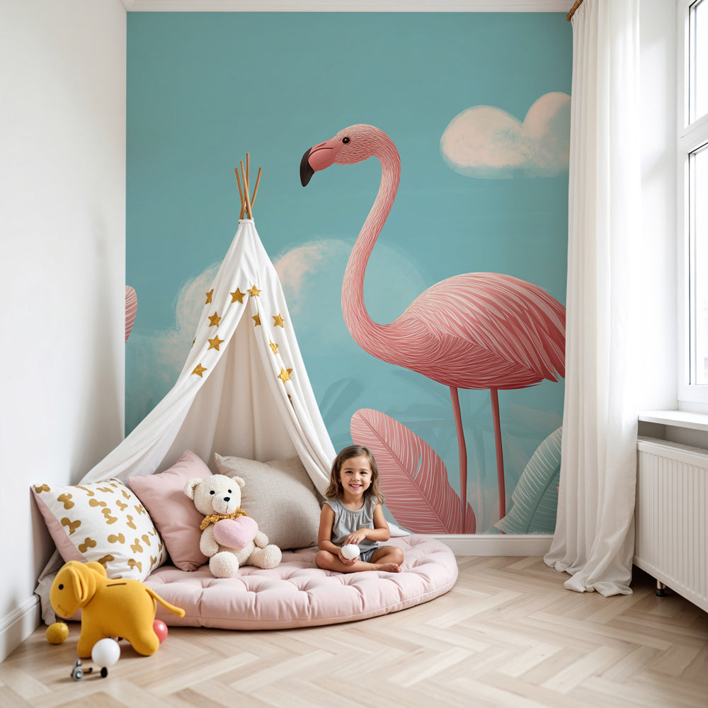 Pink flamingo mural wallpaper creating tropical paradise in modern kids nursery by Kids-Mundo