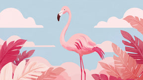 Detailed flamingo tropical mural wallpaper design pattern with palm fronds by Kids-Mundo
