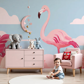 Pink flamingo tropical mural wallpaper in bright nursery with white crib by Kids-Mundo