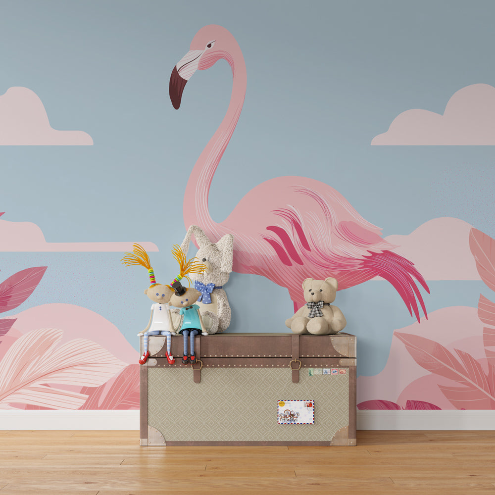 Pastel flamingo and palm fronds mural wallpaper for kids playroom by Kids-Mundo