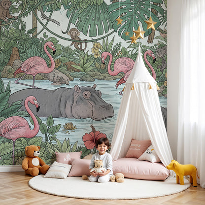 Kids-Mundo flamingo and hippo jungle wall mural made to measure for a colourful nursery feature wall.