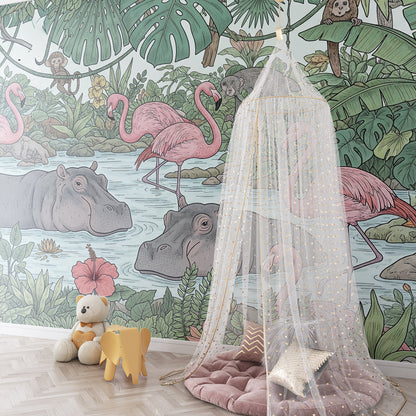 Kids-Mundo jungle river mural with flamingos, hippos and monkeys brightening a playroom wall.