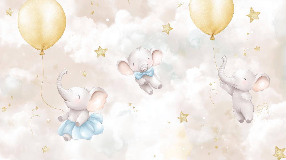 Floating Elephants and Gold Balloons Wall Mural