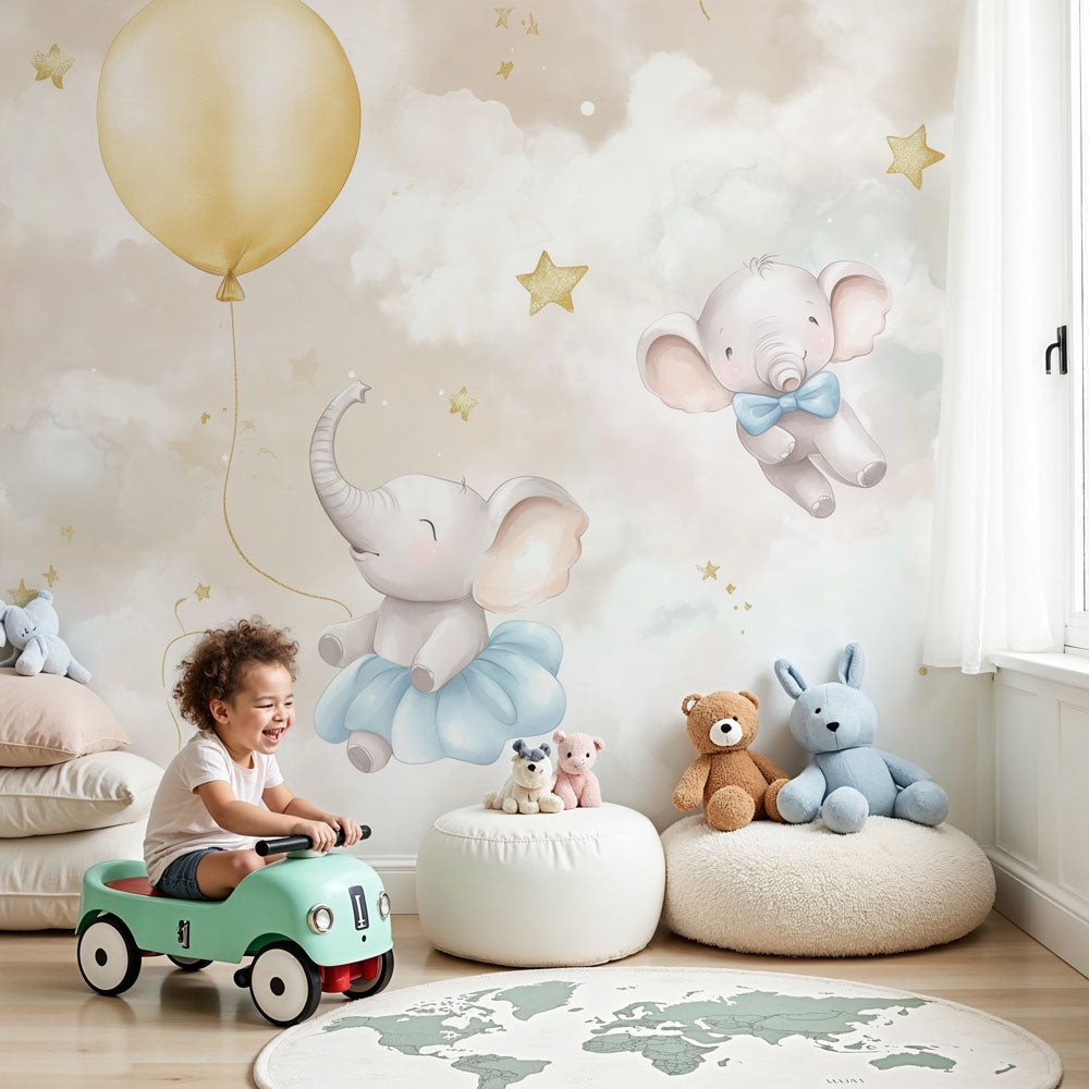 Kids-Mundo floating elephants gold balloons wall mural in a cream nursery