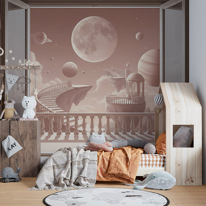 Kids-Mundo balcony and moon wall mural behind a bed in a child's rose-toned bedroom.