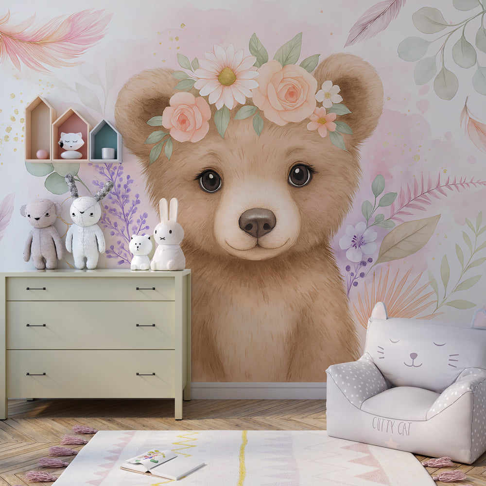 Kids-Mundo flower-crowned bear wall mural bringing gentle colour to a playroom.