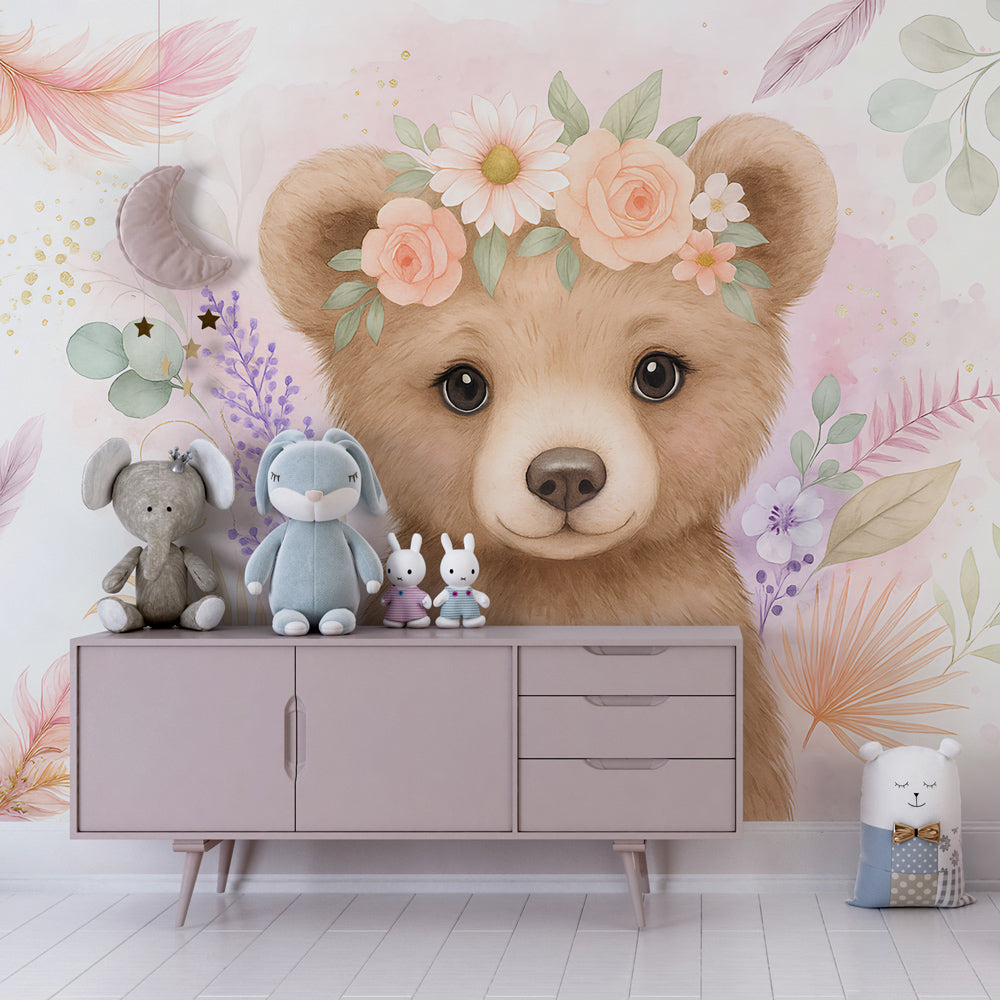 Gentle bear with flower crown wallpaper decorating cozy children's bedroom space
