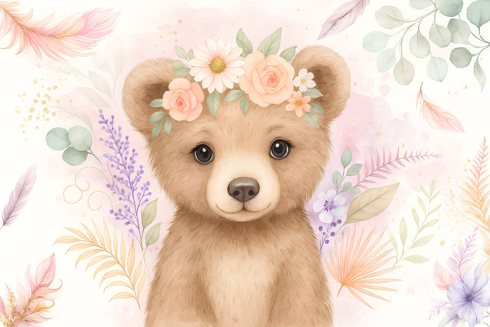 Detailed floral bear mural wallpaper design pattern showing botanical crown by Kids-Mundo