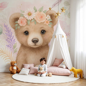 Floral bear mural wallpaper creating peaceful nursery atmosphere in modern kids room by Kids-Mundo