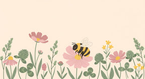 Detailed floral bee garden mural wallpaper design pattern showing pink yellow flowers and bees by Kids-Mundo