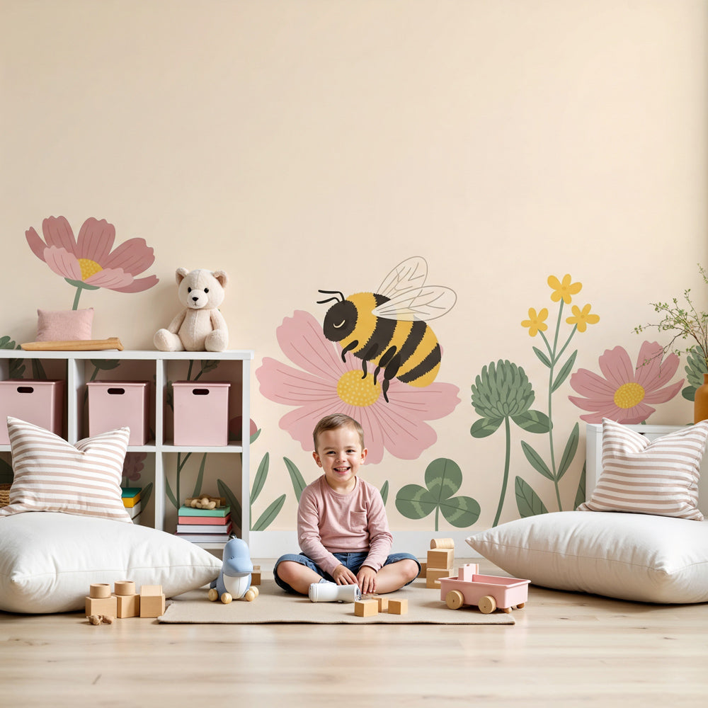 Floral bee mural wallpaper creating peaceful garden nursery decor with pink and yellow flowers by Kids-Mundo