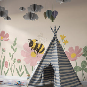 Educational bee and flower wallpaper for kids playroom featuring colorful garden scene by Kids-Mundo