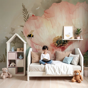 Floral bees and poppies mural wallpaper in cozy nursery setting by Kids-Mundo