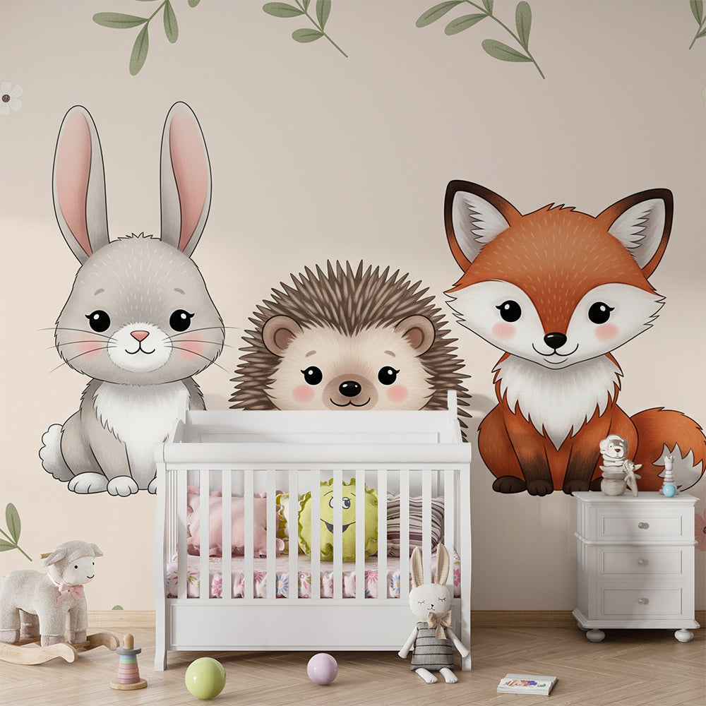 Kids-Mundo floral woodland wall mural styled in a young child's pastel bedroom
