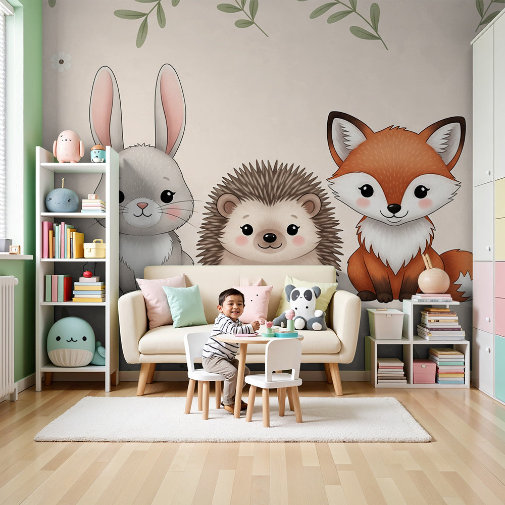 Kids-Mundo floral bunny, fox and hedgehog wall mural in a soft pastel nursery