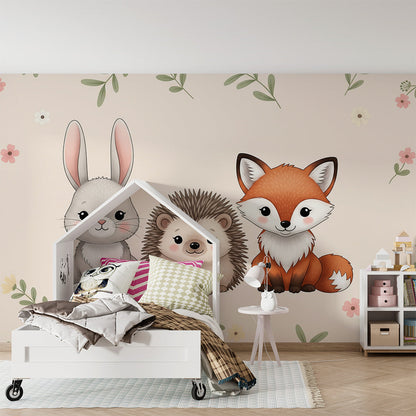 Kids-Mundo bunny, fox and hedgehog floral mural brightening a children's playroom