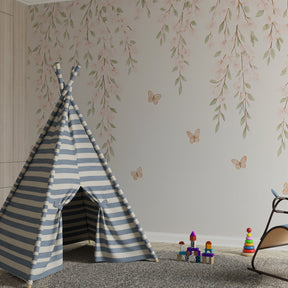 Delicate butterfly garden wallpaper in modern children's bedroom setting